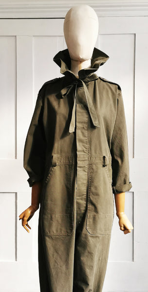 Reworked clothing and sustainable fashion military jumpsuit with a flattering ruffle collar made in soft eco friendly vintage cotton